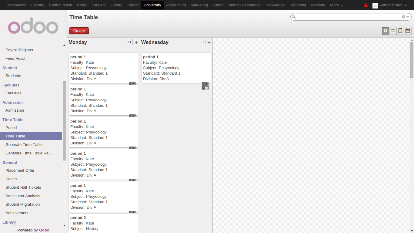 screenshot of time table management in odoo university management software